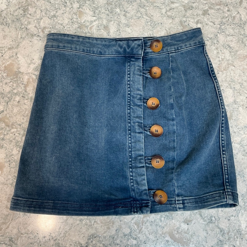 Free People‎ Little Daisies Denim Button Front A-Line Mini Skirt Blue Size 0